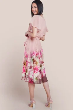 Chiffon Floral Border Print Midi Dress - Blush by Goddiva