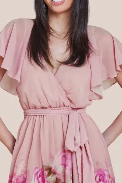 Chiffon Floral Border Print Midi Dress - Blush by Goddiva