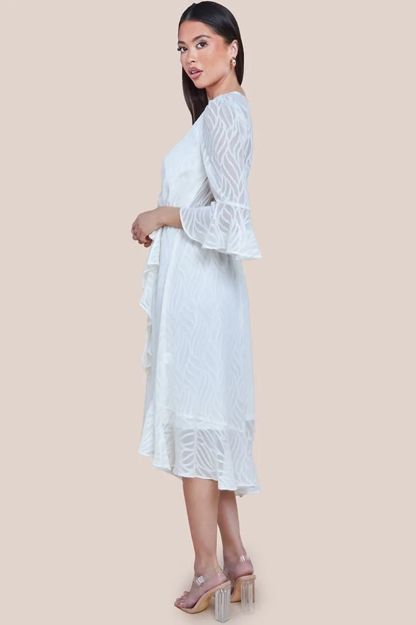 Chiffon Geo-Wave Front Frill Wrap Midi Dress - Cream by Goddiva