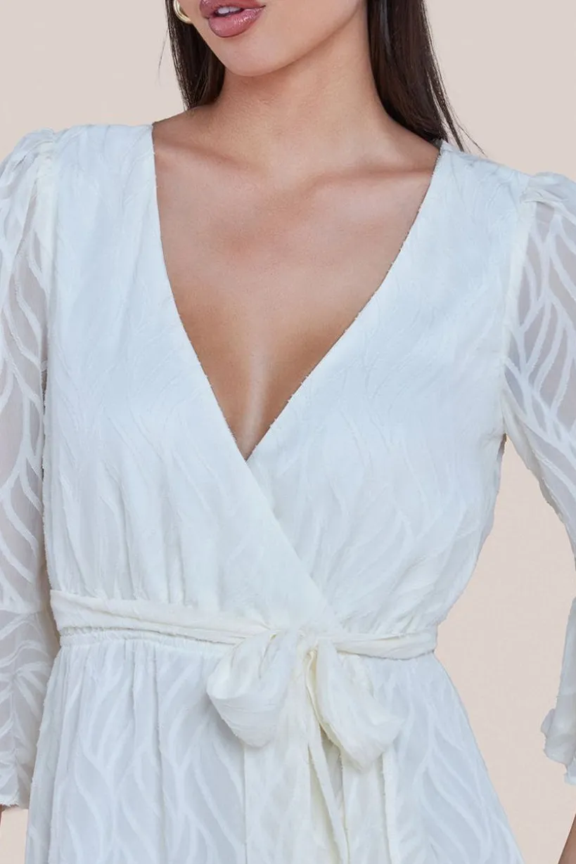 Chiffon Geo-Wave Front Frill Wrap Midi Dress - Cream by Goddiva