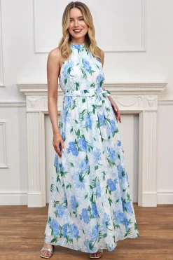 Chiffon Halter Neck Maxi Dress With Tie Waist In White Blue Floral by Angeleye