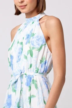 Chiffon Halter Neck Maxi Dress With Tie Waist In White Blue Floral by Angeleye