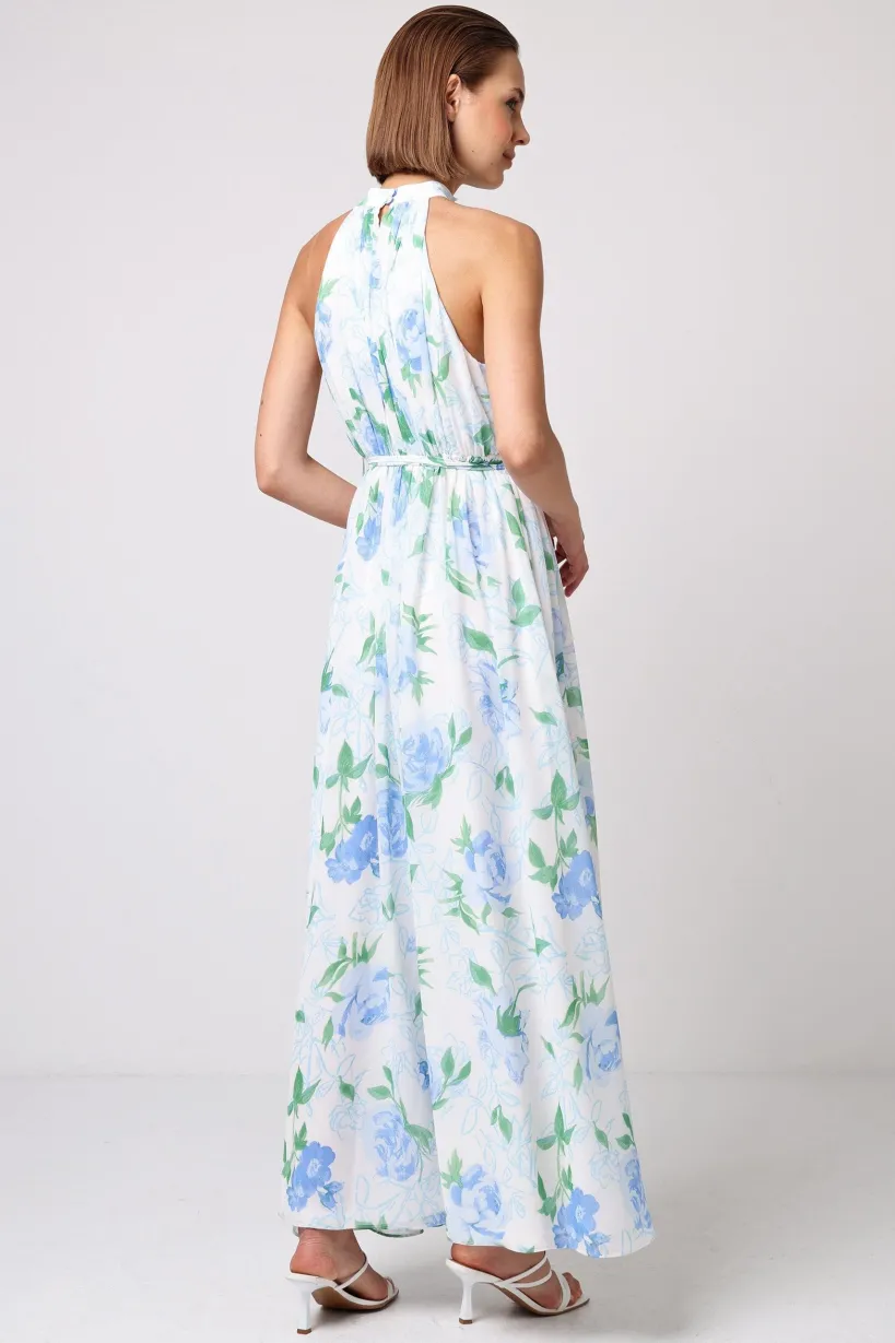 Chiffon Halter Neck Maxi Dress With Tie Waist In White Blue Floral by Angeleye