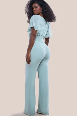 Chiffon Jumpsuit With Flutter Sleeves - Sage Green by Goddiva