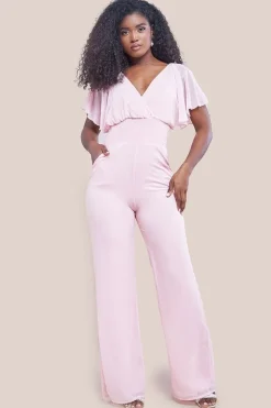 Chiffon Jumpsuit With Flutter Sleeves - Blush by Goddiva