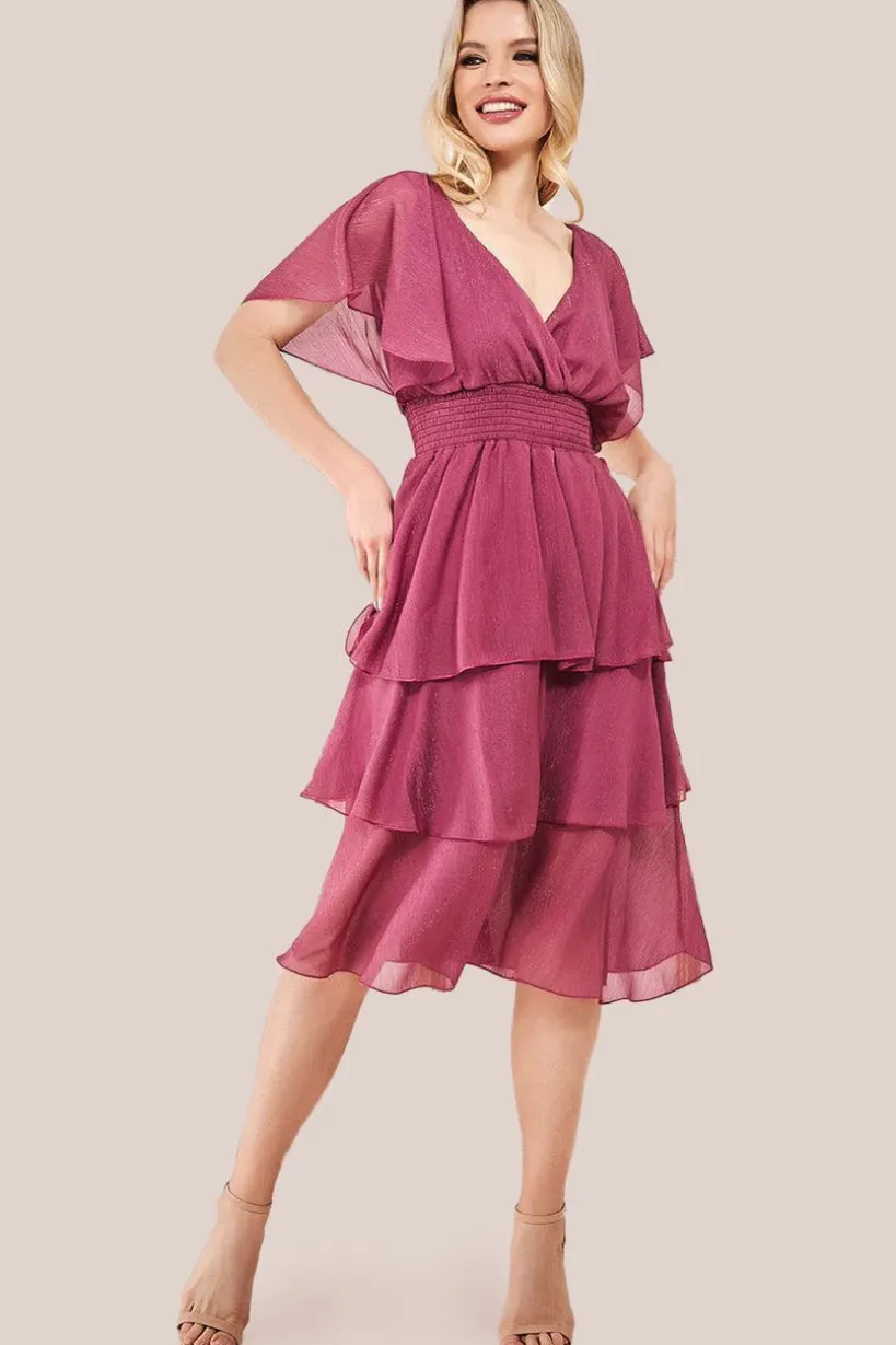 Chiffon Layered Flutter Sleeve Midi Dress - Pink by Goddiva