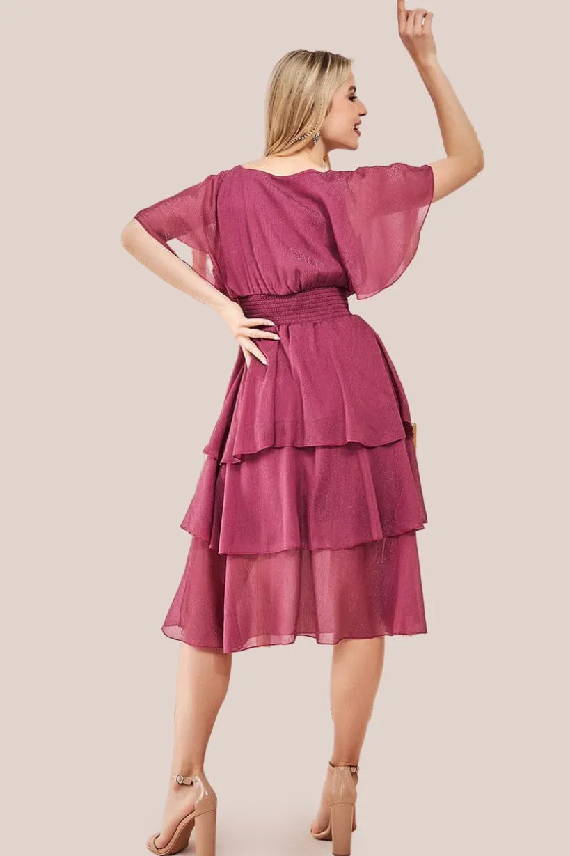 Chiffon Layered Flutter Sleeve Midi Dress - Pink by Goddiva