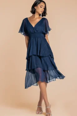 Chiffon Layered Flutter Sleeve Midi Dress - Navy by Goddiva