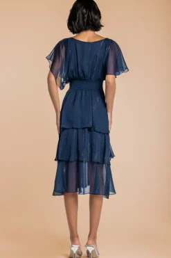 Chiffon Layered Flutter Sleeve Midi Dress - Navy by Goddiva