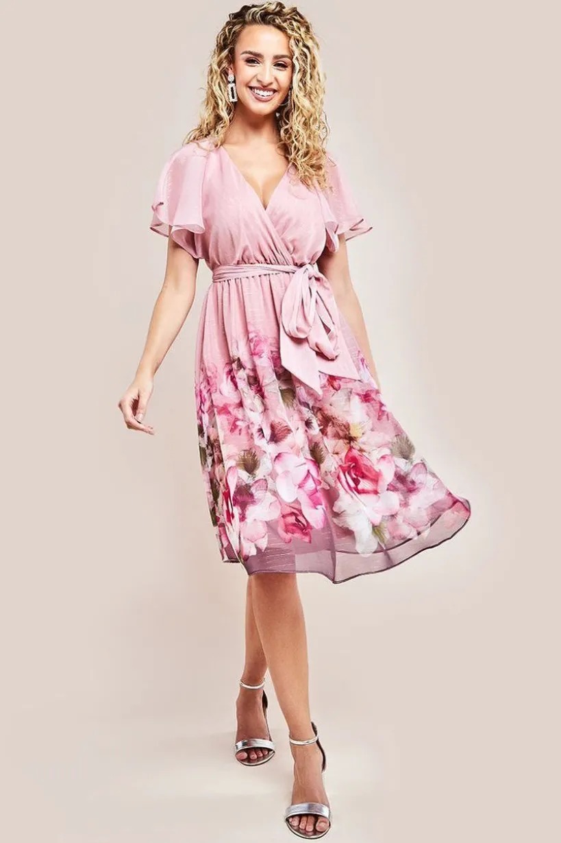 Chiffon Lurex Floral Border Print Midi Dress - Blush by Goddiva