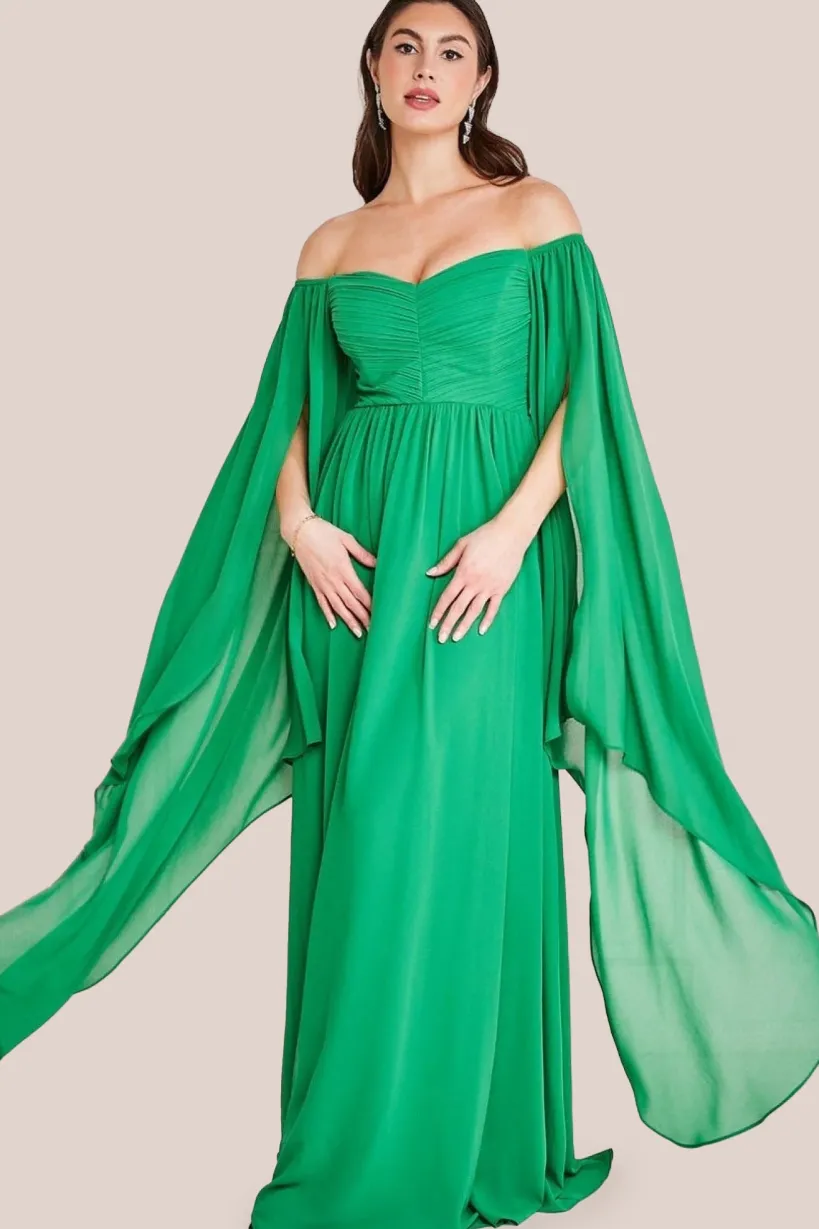 Chiffon Off The Shoulder Maxi With Cape Sleeves - Green by Goddiva