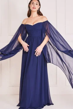 Chiffon Off The Shoulder Maxi With Cape Sleeves - Navy by Goddiva