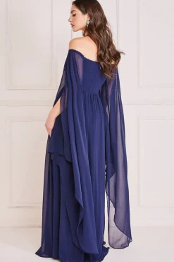 Chiffon Off The Shoulder Maxi With Cape Sleeves - Navy by Goddiva