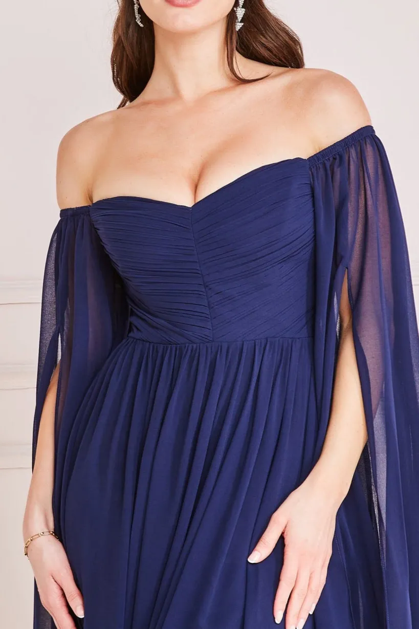 Chiffon Off The Shoulder Maxi With Cape Sleeves - Navy by Goddiva