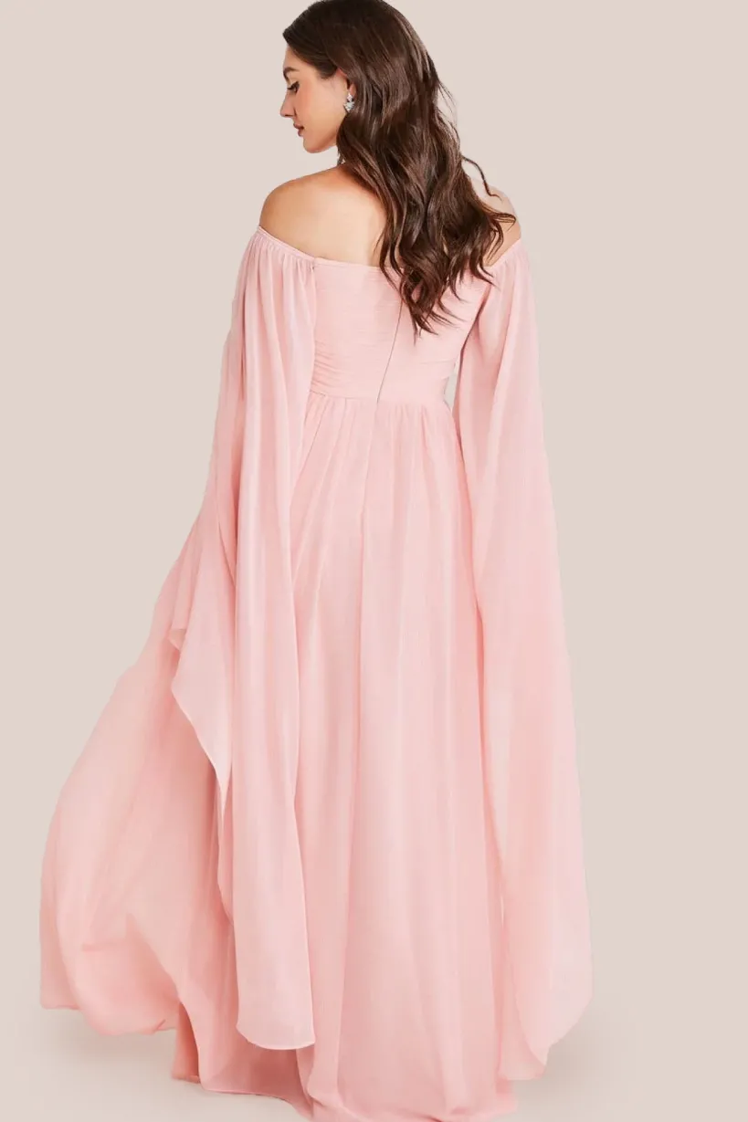 Chiffon Off The Shoulder Maxi With Cape Sleeves - Blush by Goddiva