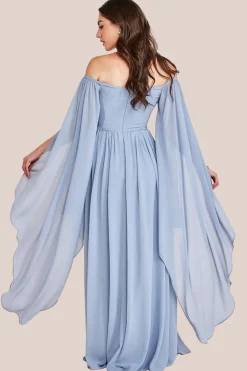 Chiffon Off The Shoulder Maxi With Cape Sleeves - Blue by Goddiva