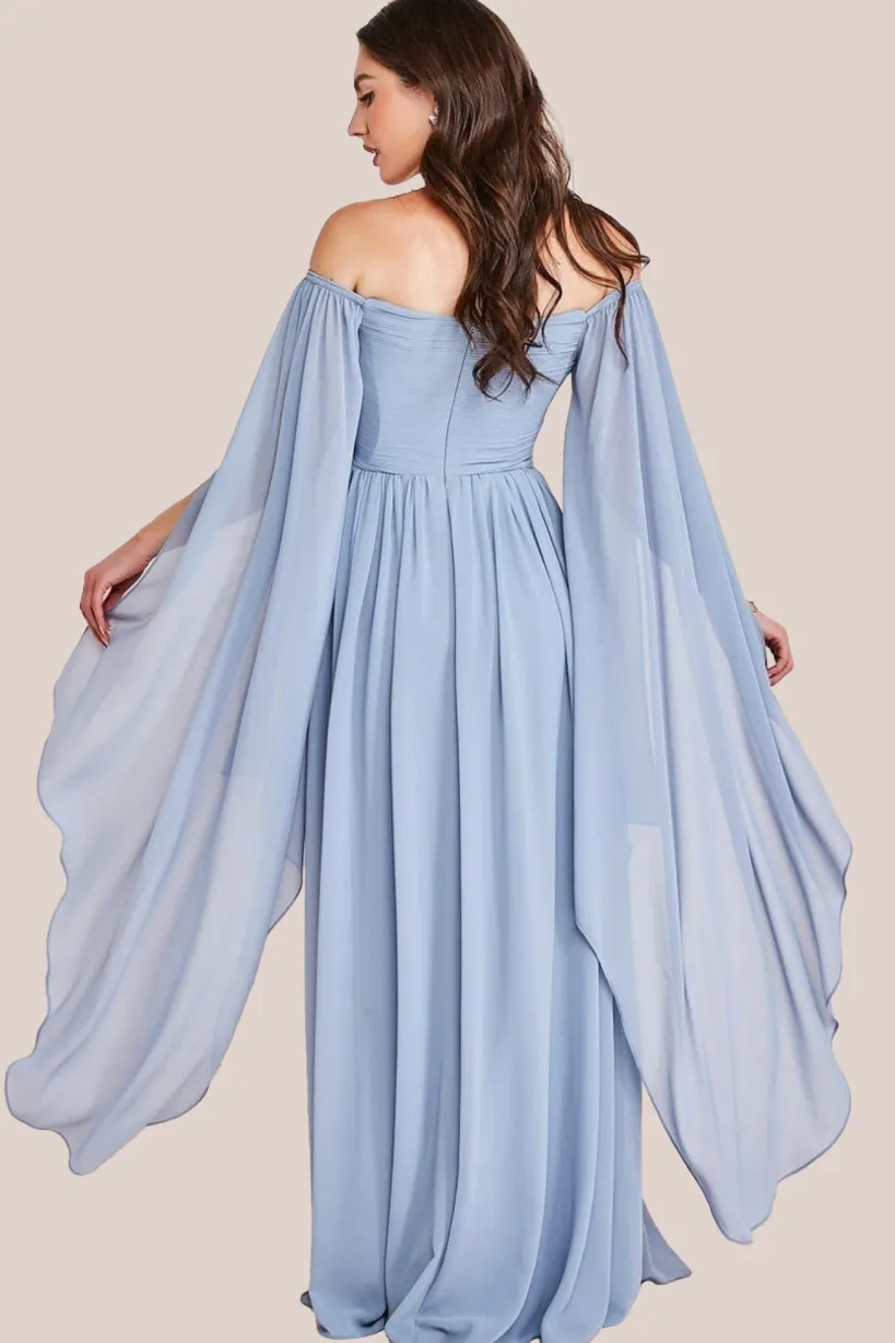 Chiffon Off The Shoulder Maxi With Cape Sleeves - Blue by Goddiva