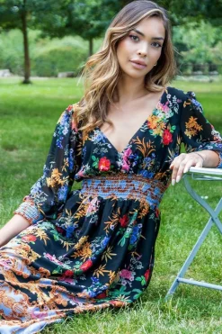 Chiffon Wrap Border Floral Print Midi Dress - Black by Goddiva