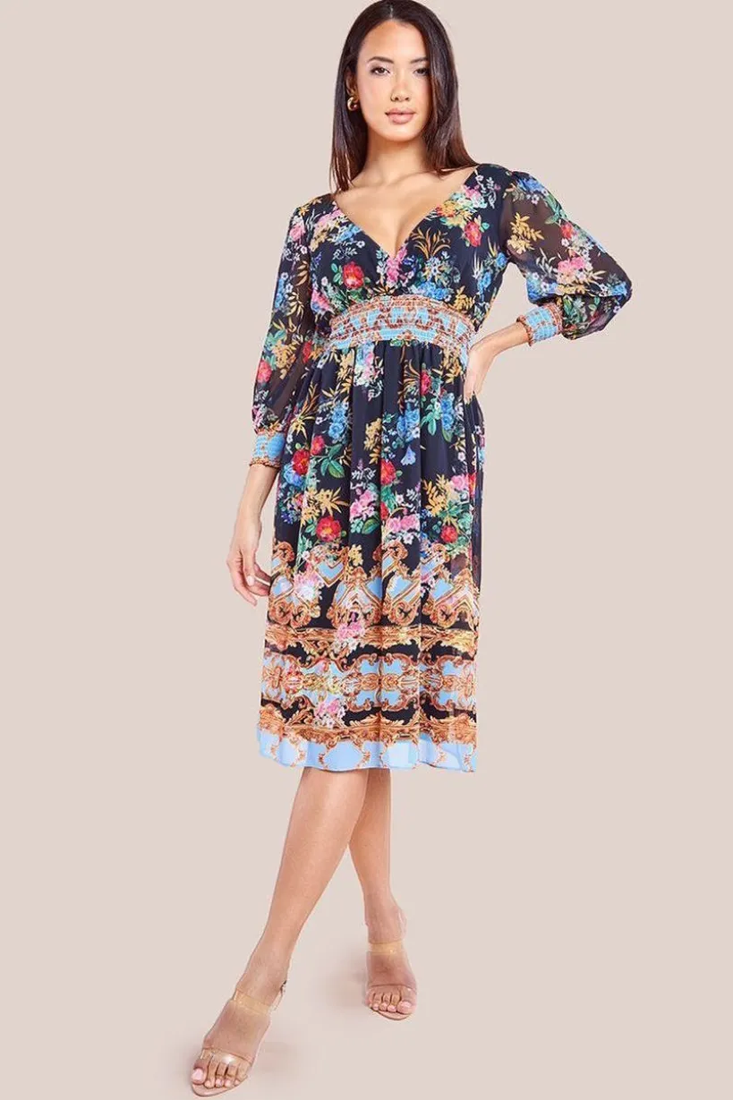 Chiffon Wrap Border Floral Print Midi Dress - Black by Goddiva