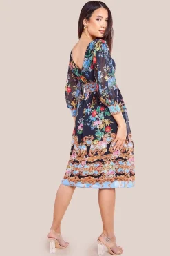Chiffon Wrap Border Floral Print Midi Dress - Black by Goddiva