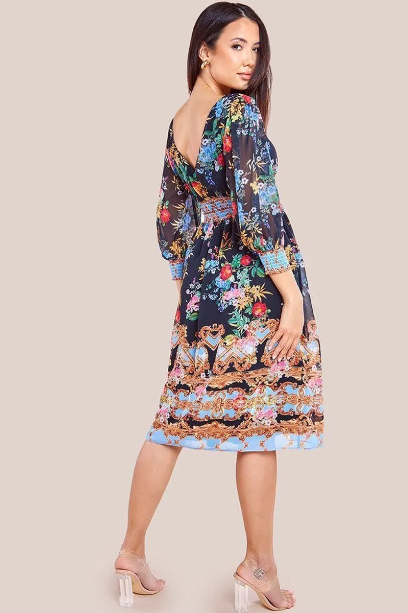 Chiffon Wrap Border Floral Print Midi Dress - Black by Goddiva