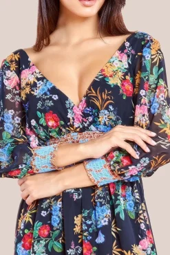 Chiffon Wrap Border Floral Print Midi Dress - Black by Goddiva