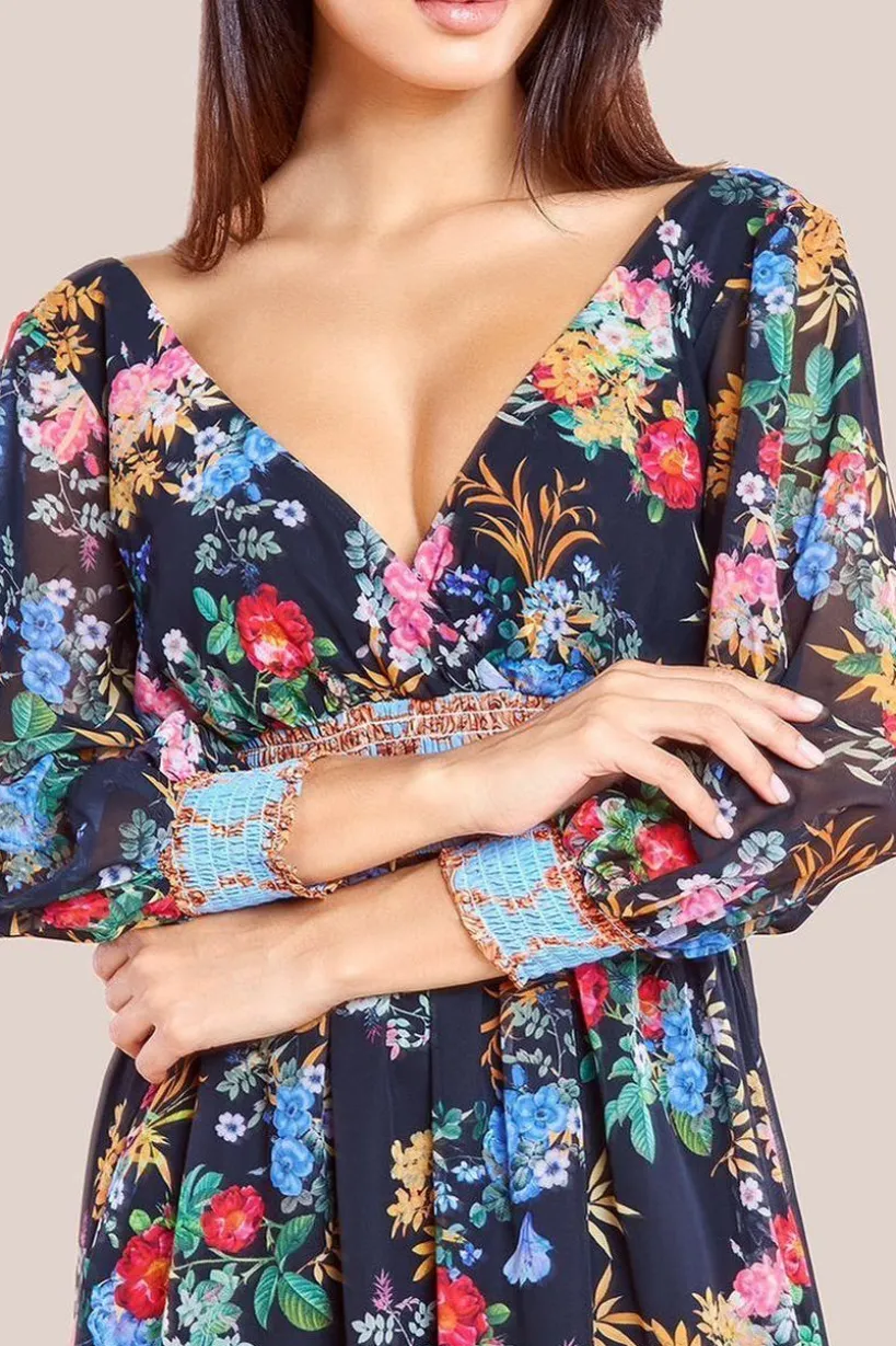 Chiffon Wrap Border Floral Print Midi Dress - Black by Goddiva
