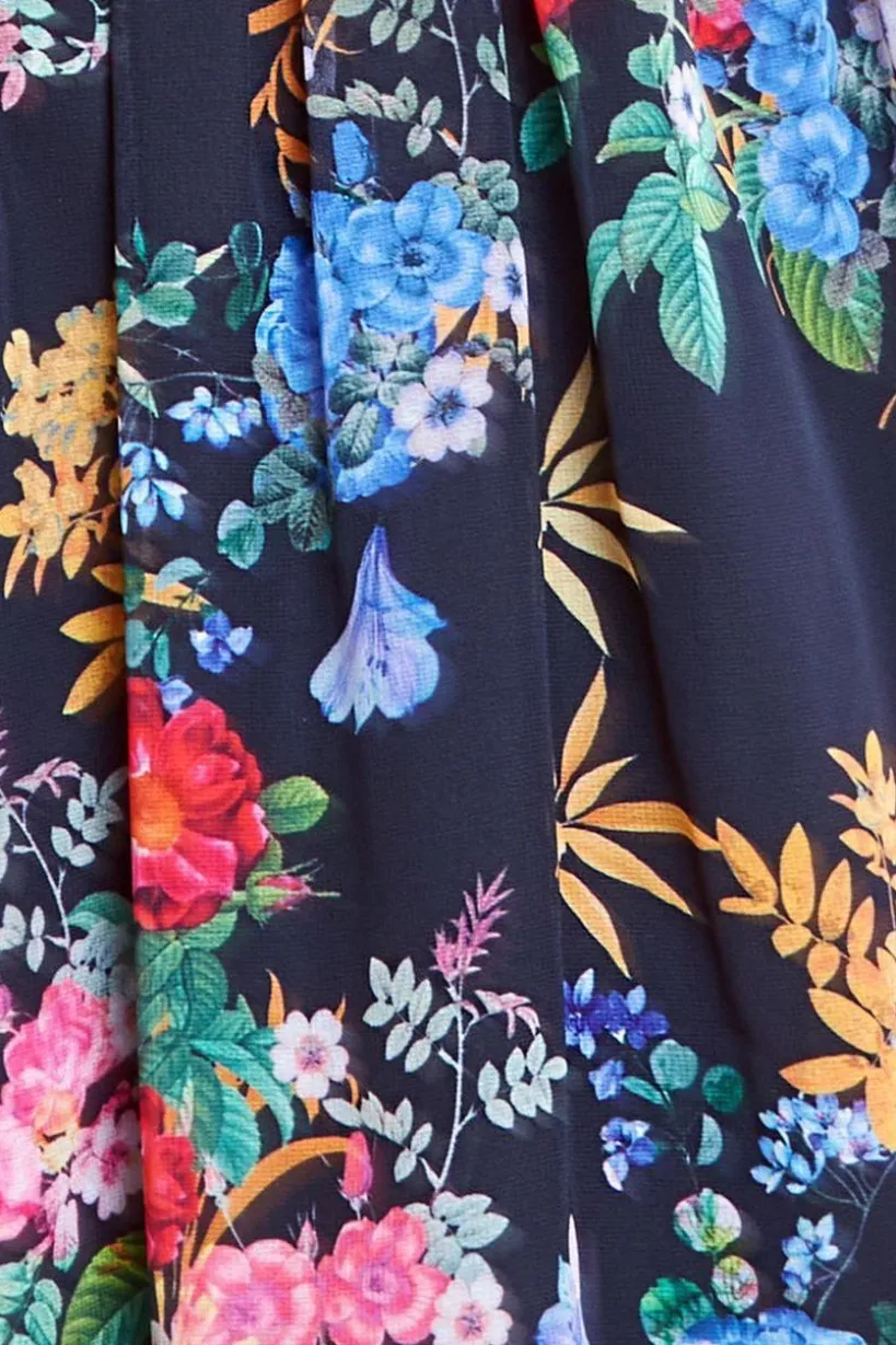 Chiffon Wrap Border Floral Print Midi Dress - Black by Goddiva
