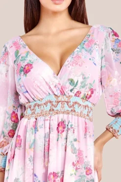 Chiffon Wrap Border Floral Print Maxi Dress - Pink by Goddiva