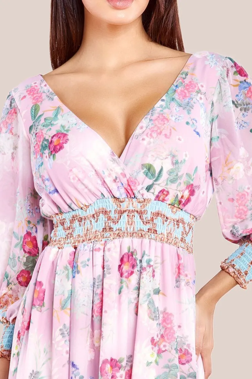 Chiffon Wrap Border Floral Print Maxi Dress - Pink by Goddiva