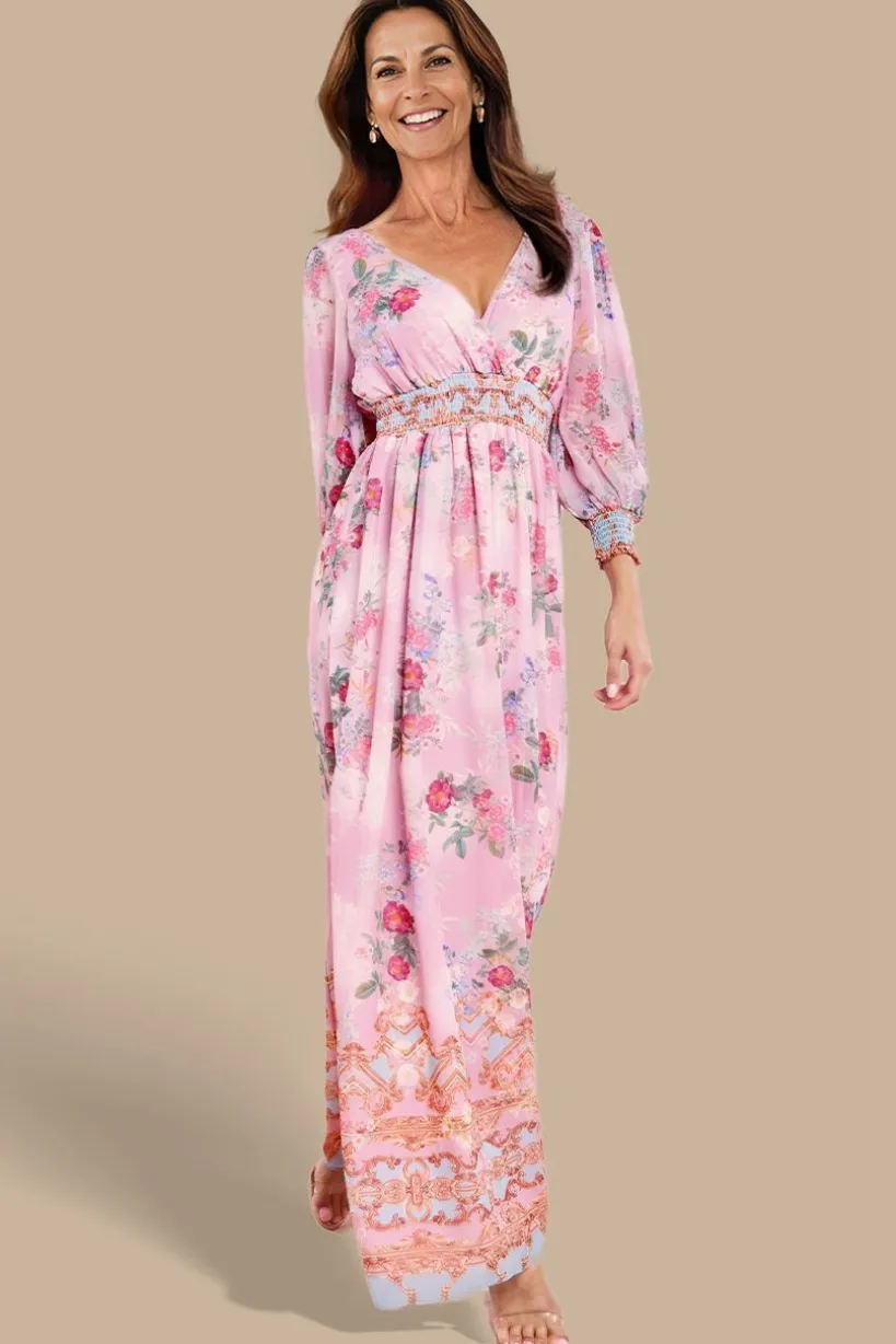 Chiffon Wrap Border Floral Print Maxi Dress - Pink by Goddiva