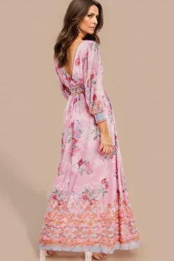 Chiffon Wrap Border Floral Print Maxi Dress - Pink by Goddiva