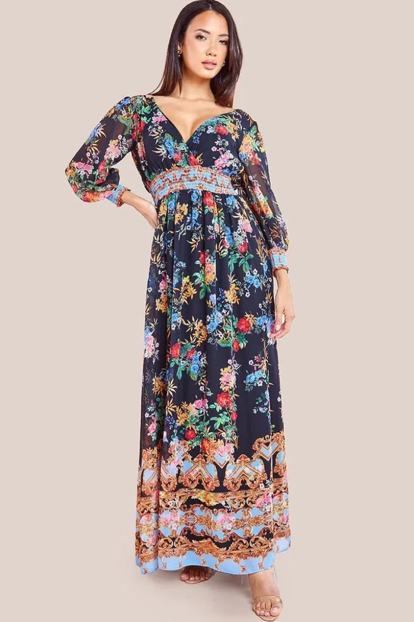 Chiffon Wrap Border Floral Print Maxi Dress - Black by Goddiva