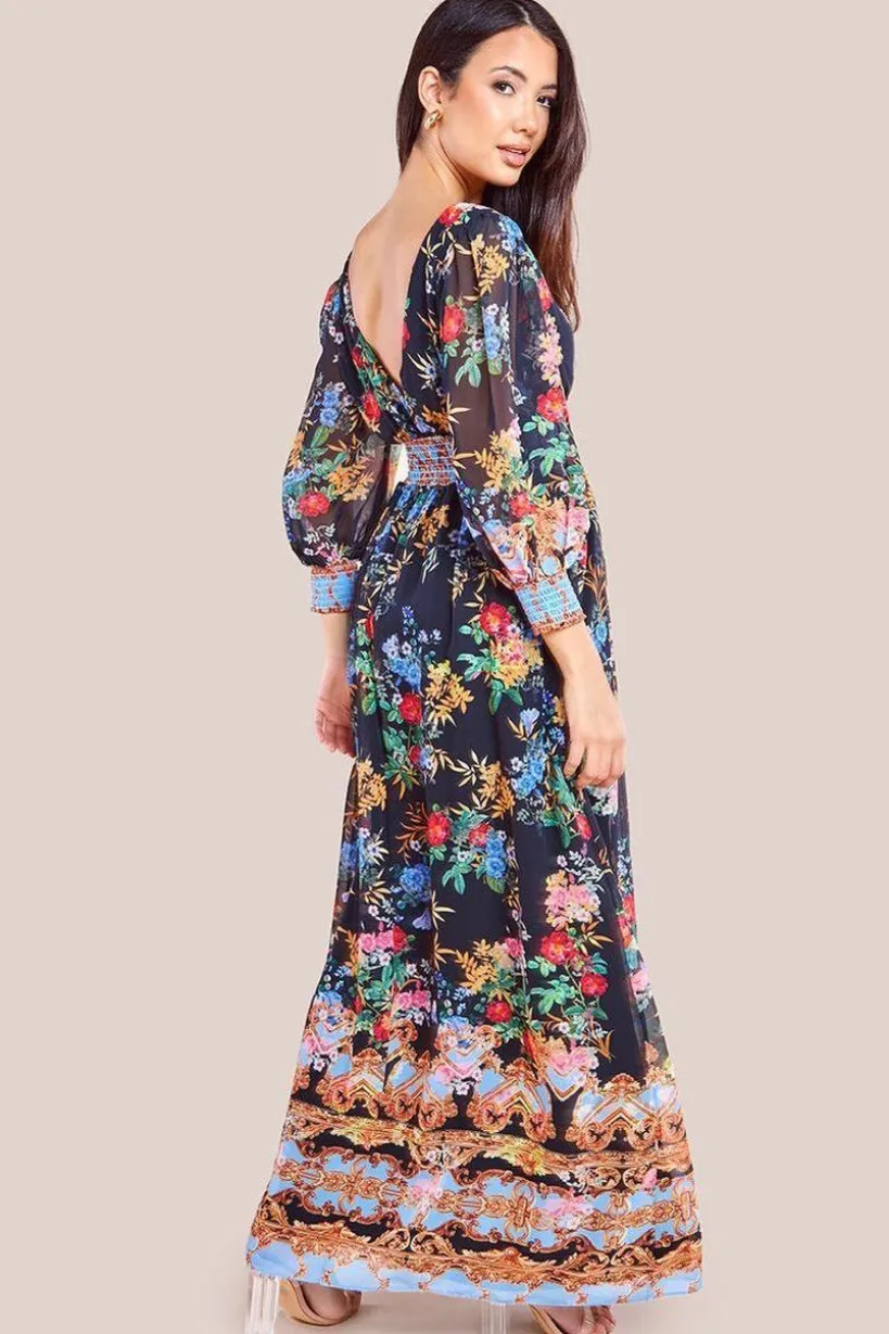 Chiffon Wrap Border Floral Print Maxi Dress - Black by Goddiva