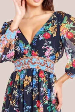 Chiffon Wrap Border Floral Print Maxi Dress - Black by Goddiva