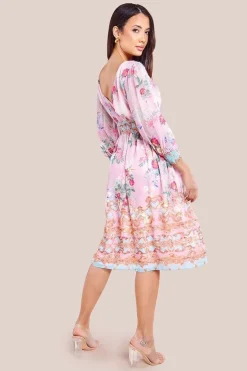 Chiffon Wrap Border Floral Print Midi Dress - Pink by Goddiva