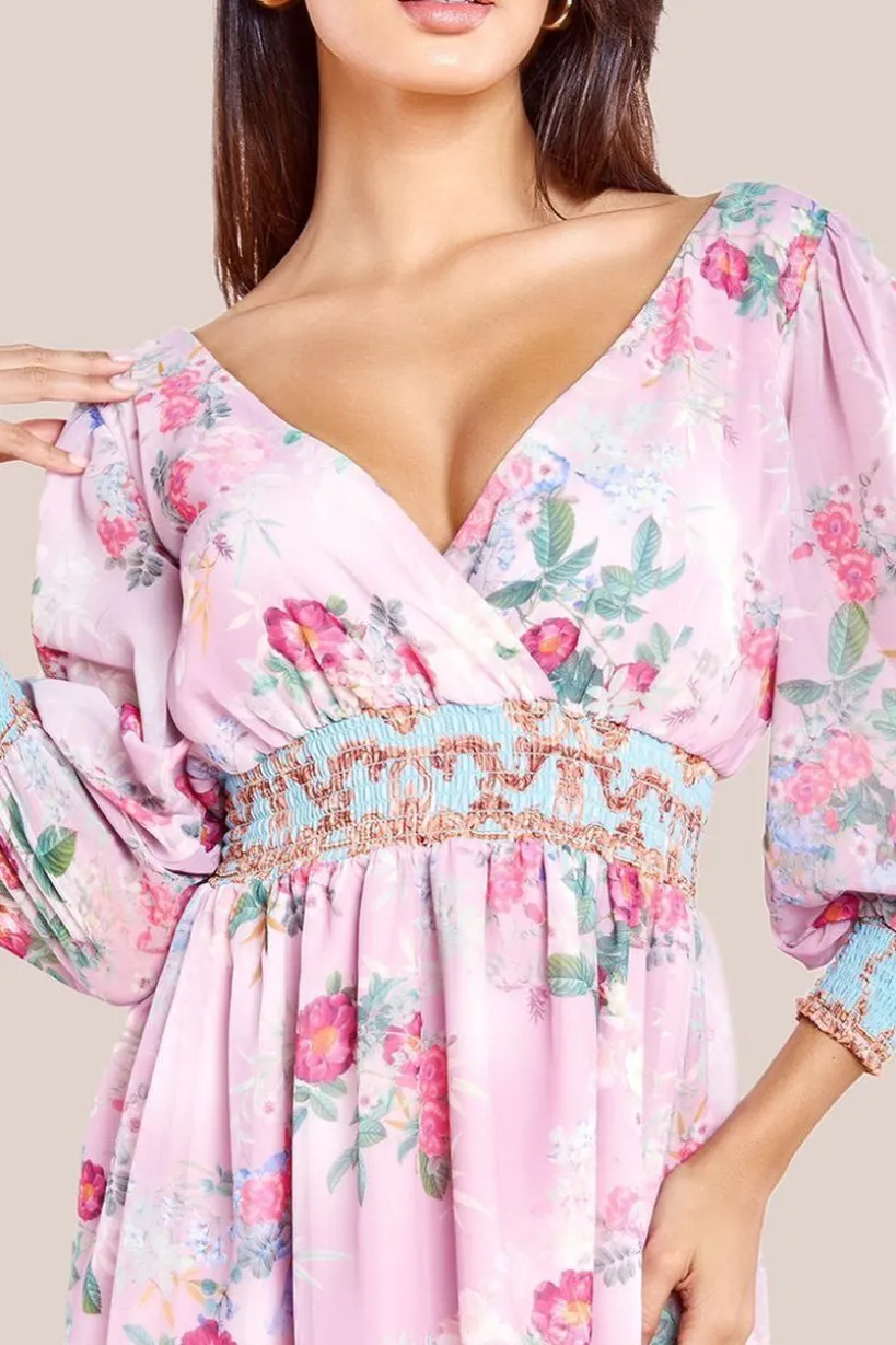 Chiffon Wrap Border Floral Print Midi Dress - Pink by Goddiva