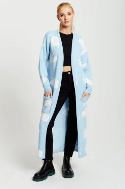 Cloud Pattern Longline Cardigan In Light Blue by Liquorish