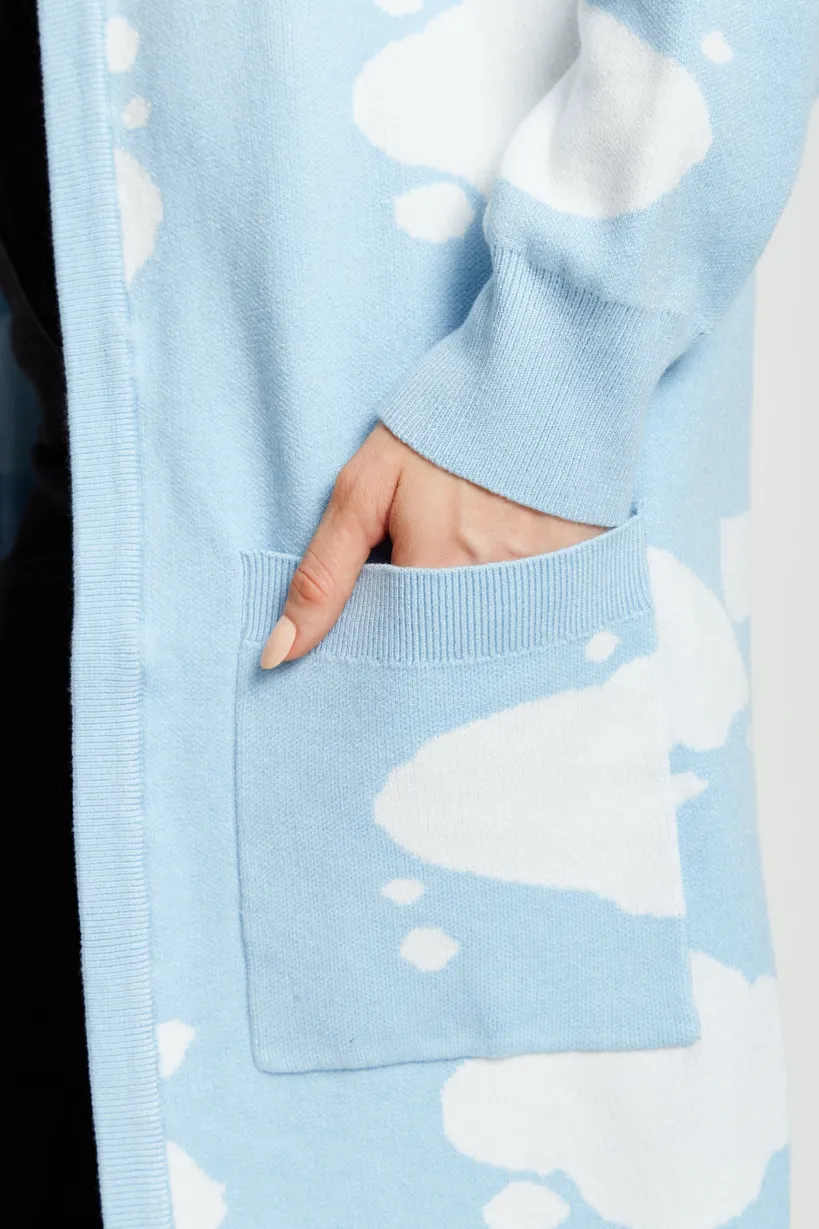 Cloud Pattern Longline Cardigan In Light Blue by Liquorish