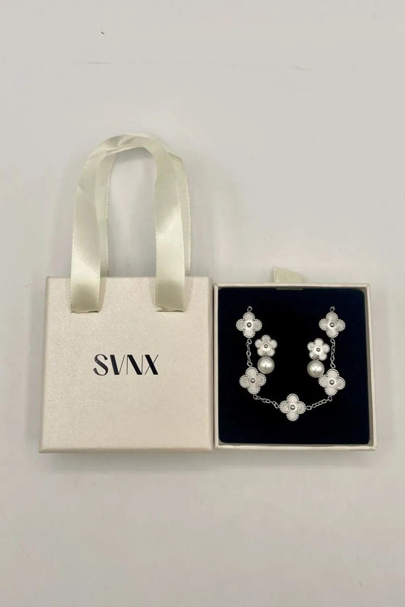 Clover Bracelet & Earrings With Pearl Detail In Silver by SVNX