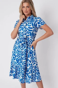 Cobalt Printed Short Sleeve Midi Dress by LOVE SUNSHINE
