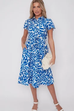 Cobalt Printed Short Sleeve Midi Dress by LOVE SUNSHINE