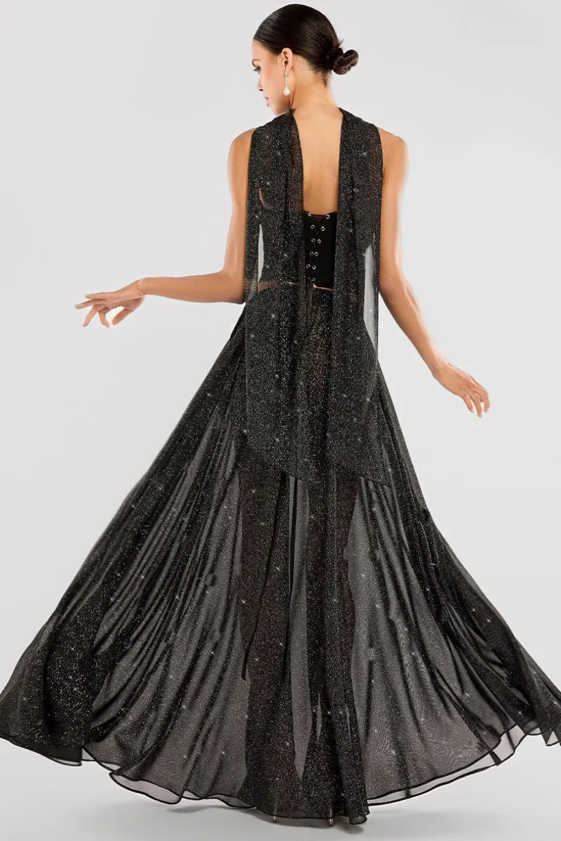 Compact Crepe Lace Up Corset With Gathered A-Line Glitter Chiffon Maxi Skirt & Scarf - Black by Goddiva