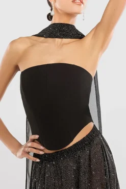 Compact Crepe Lace Up Corset With Gathered A-Line Glitter Chiffon Maxi Skirt & Scarf - Black by Goddiva