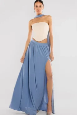 Compact Crepe Lace Up Corset With Side Split Jersey Maxi Skirt & Scarf - Beige & Blue by Goddiva
