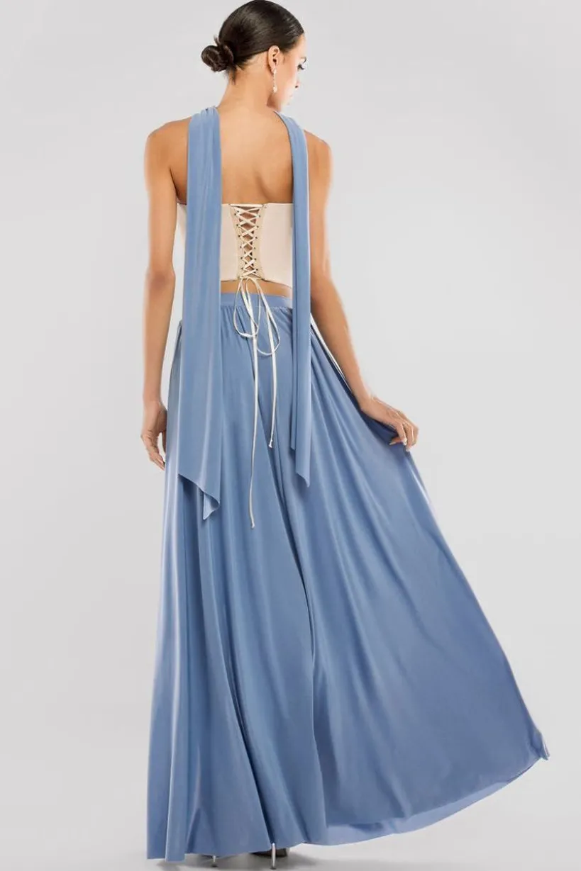 Compact Crepe Lace Up Corset With Side Split Jersey Maxi Skirt & Scarf - Beige & Blue by Goddiva