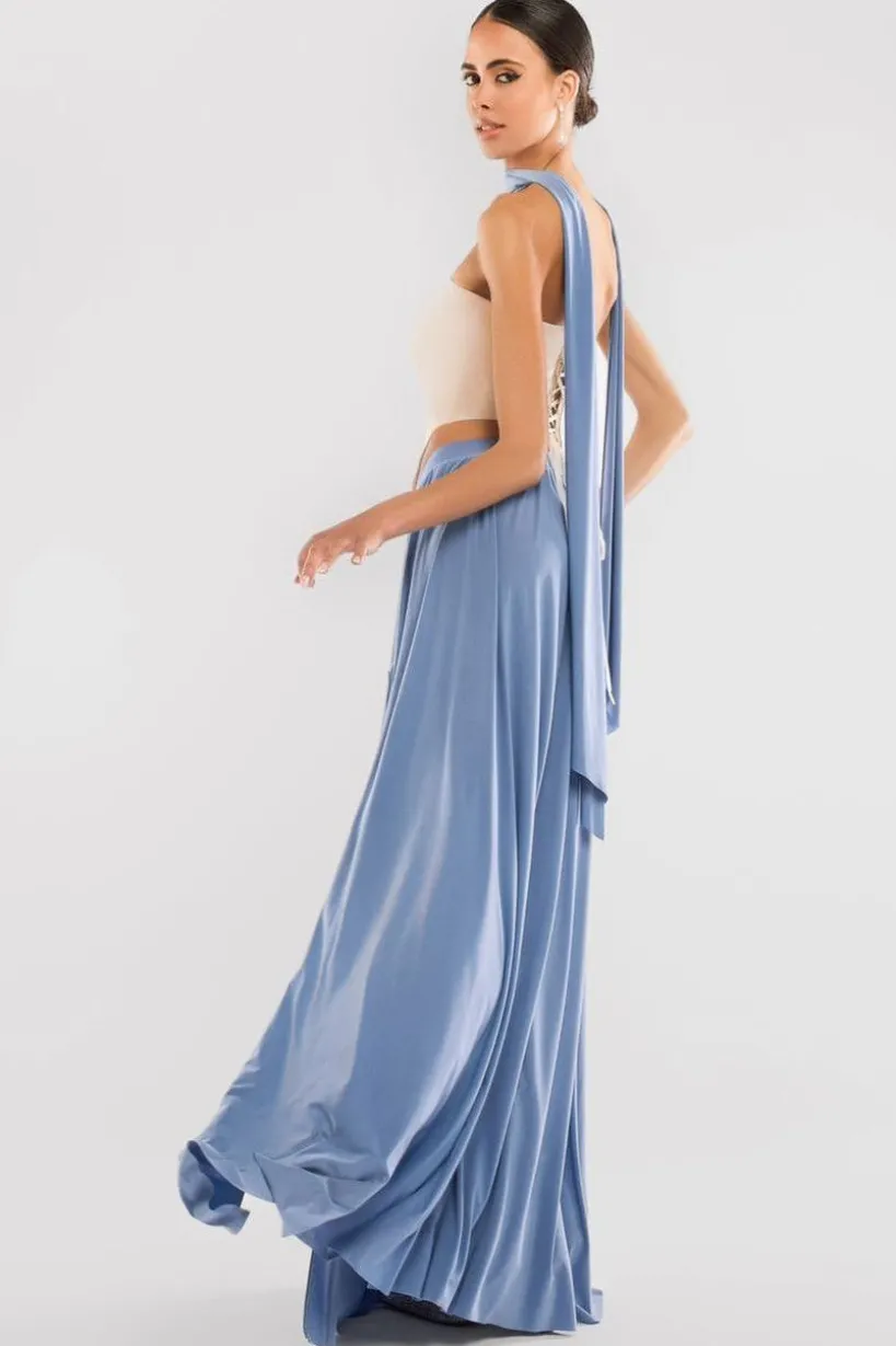 Compact Crepe Lace Up Corset With Side Split Jersey Maxi Skirt & Scarf - Beige & Blue by Goddiva