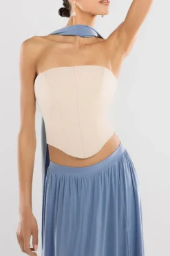 Compact Crepe Lace Up Corset With Side Split Jersey Maxi Skirt & Scarf - Beige & Blue by Goddiva
