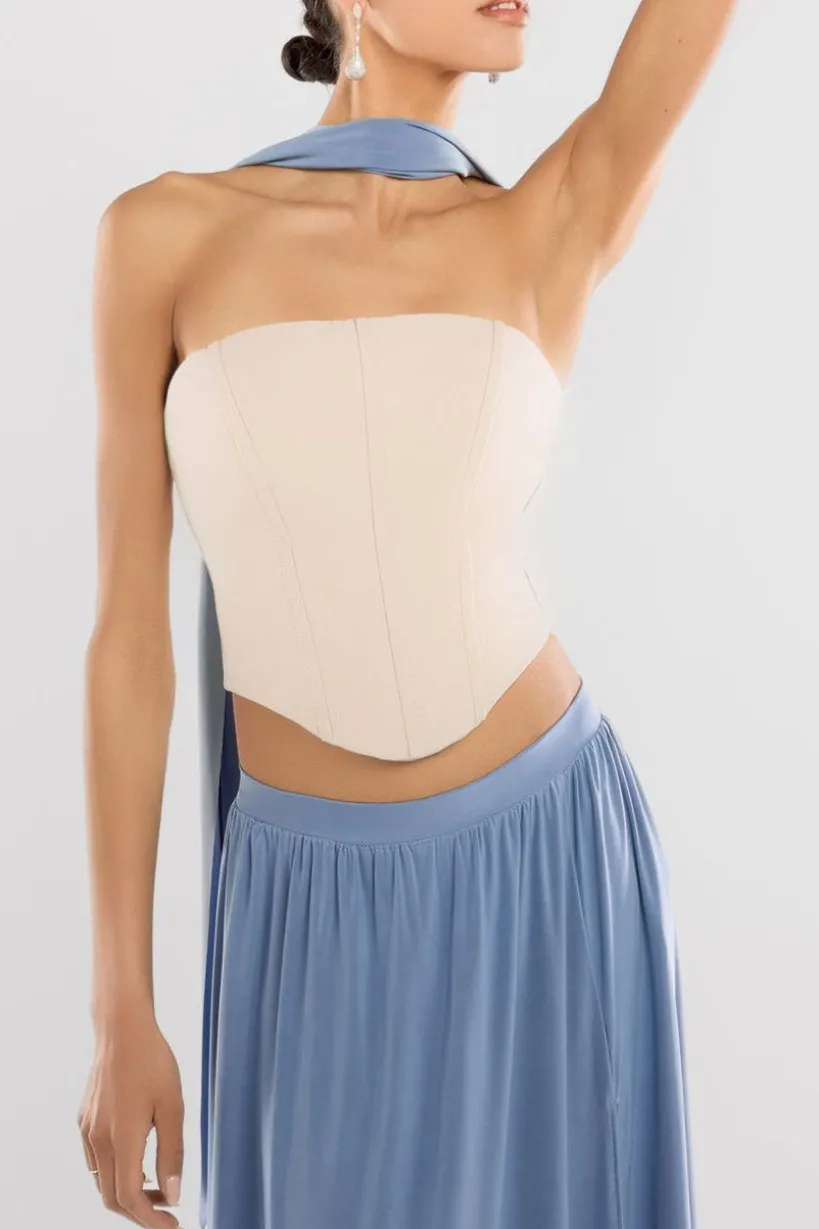 Compact Crepe Lace Up Corset With Side Split Jersey Maxi Skirt & Scarf - Beige & Blue by Goddiva