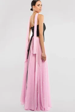 Compact Crepe Lace Up Corset With Gathered A-Line Glitter Chiffon Maxi Skirt & Scarf - Black, Pink & Pink by Goddiva